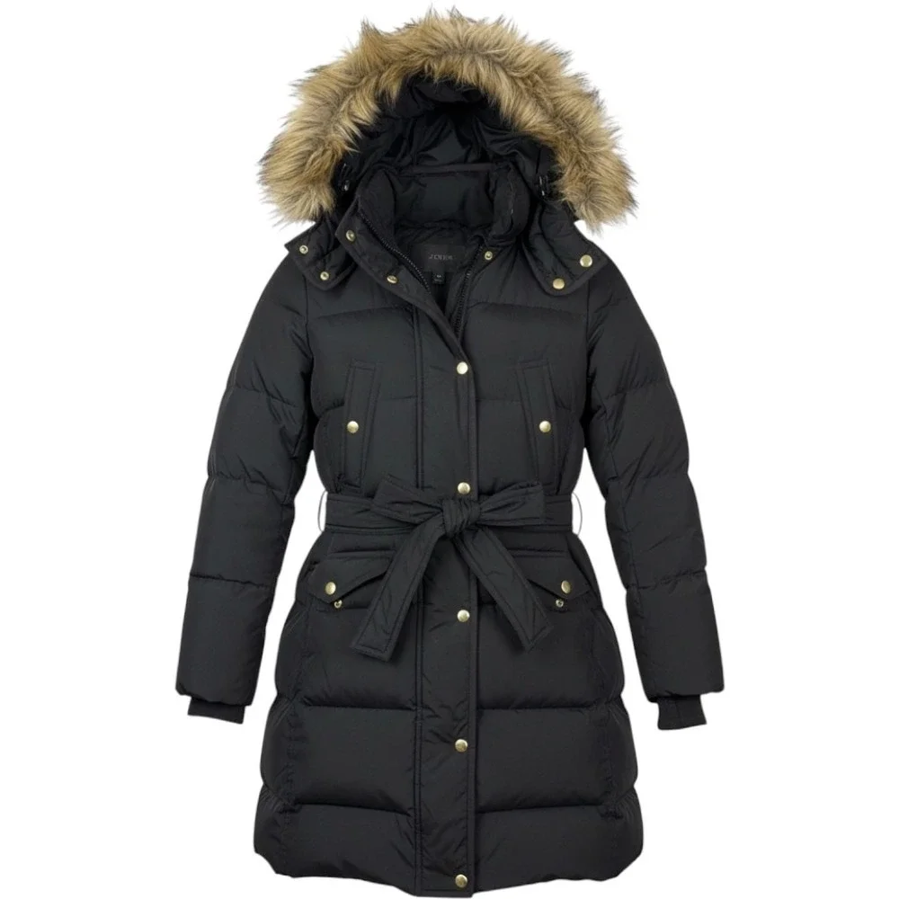 J.CREW PXS Black Puffer Parka Down Faux Fur Hood Belted Winter Coat